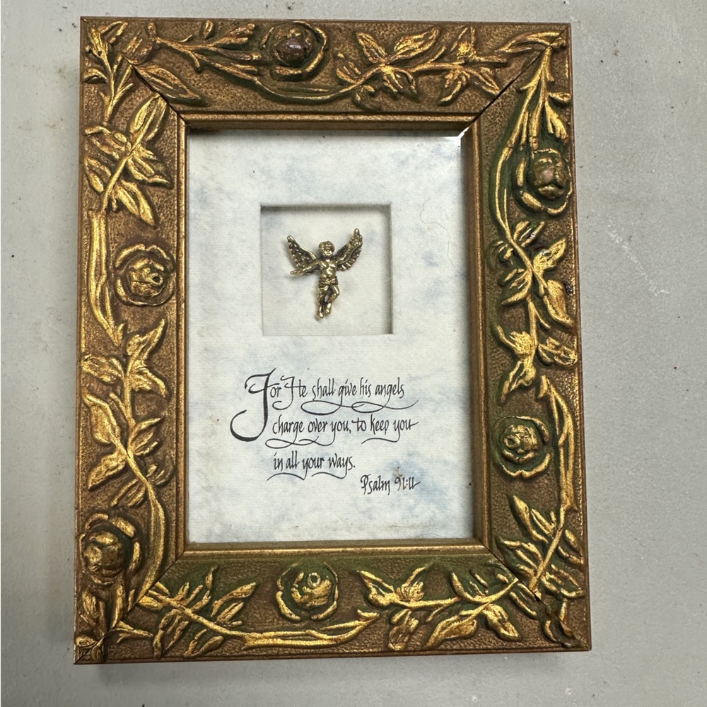 Angel Prayer Psalm 91:11 Small Gold Ornate Frame Flowers Shadow Box 3.5" X 4.5"